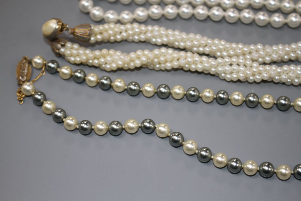 Two coral stick bead necklaces, a freshwater pearl necklace and three other costume necklaces,